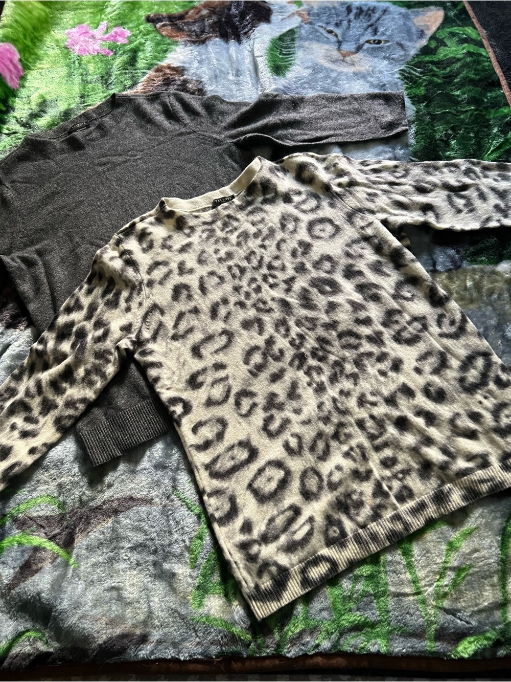 Talbots Leopard Print Crewneck Sweaters in Cream and Gray